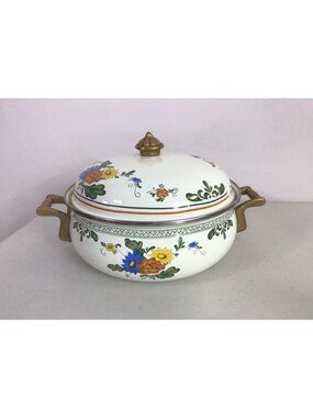 Vintage ASTA Floral Enamel Cookware Brass 10” Dutch Oven Casserole Pot